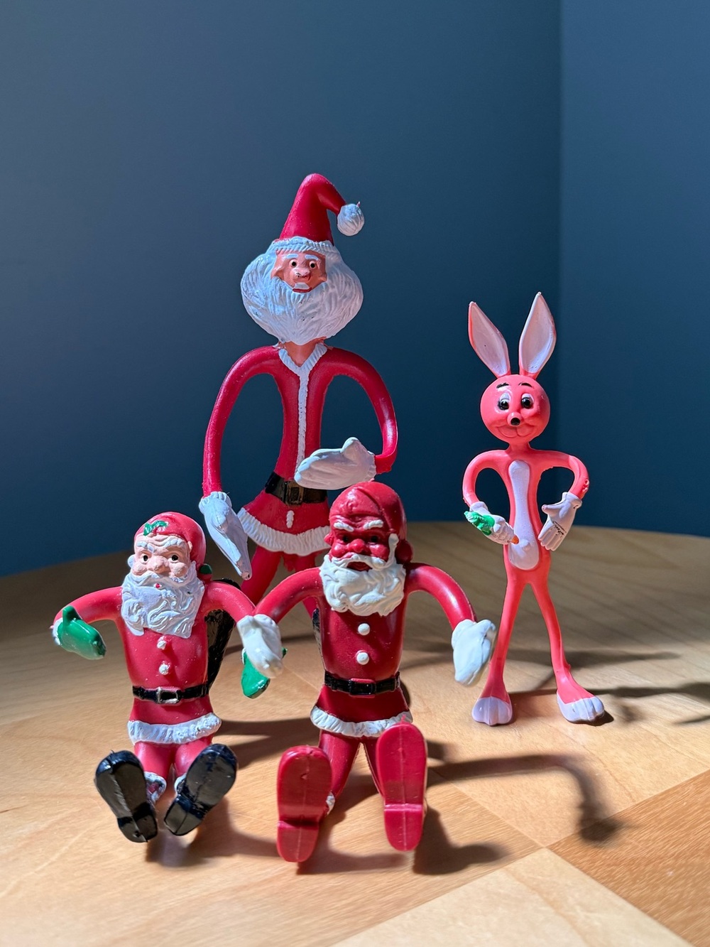 Set of 4 Vintage c1970-90s Rubber Bendy Posable Santa Claus Easter Bunny Toys